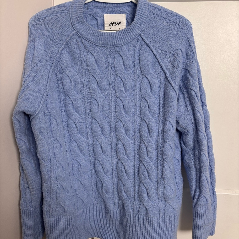 Aerie Soft Blue Cable Knit Crewneck Sweater